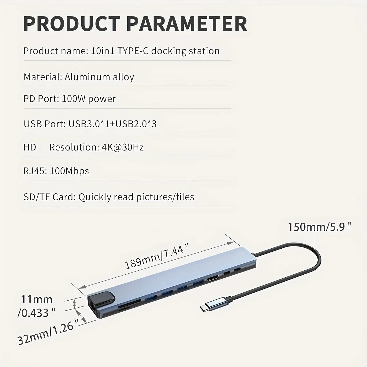 10 in 1 USB C HUB 4K30Hz Docking Station Type C to Hdtv-Compatible RJ45 Ethernet PD100W for Macbook Ipad Huawei Sumsang Phone