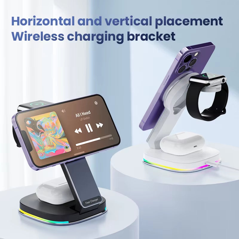 New Arrival 2025 Product 15W Magnetic Phone Holder Foldable 3 In1 Wireless Charging Bracket Touch Switch Dynamic RGB Night Light