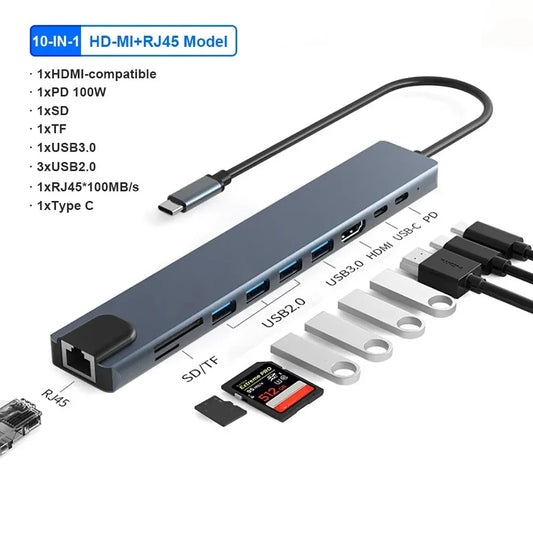 10 in 1 USB C HUB 4K30Hz Docking Station Type C to Hdtv-Compatible RJ45 Ethernet PD100W for Macbook Ipad Huawei Sumsang Phone