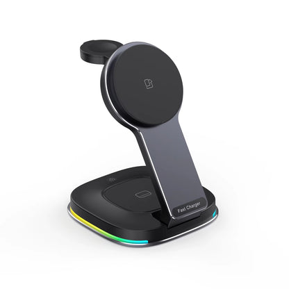 New Arrival 2025 Product 15W Magnetic Phone Holder Foldable 3 In1 Wireless Charging Bracket Touch Switch Dynamic RGB Night Light