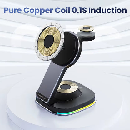 New Arrival 2025 Product 15W Magnetic Phone Holder Foldable 3 In1 Wireless Charging Bracket Touch Switch Dynamic RGB Night Light