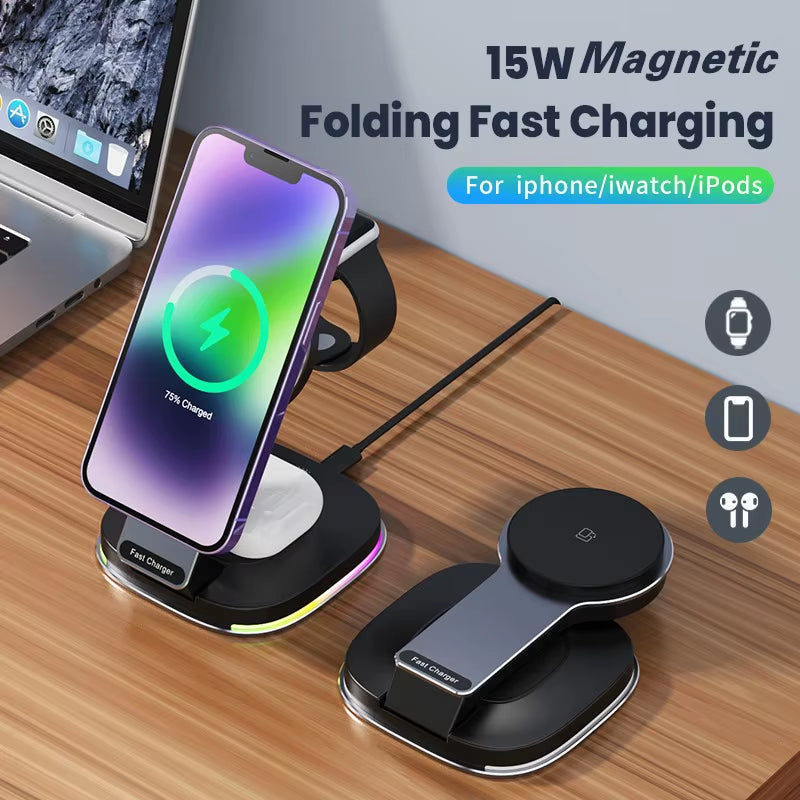 New Arrival 2025 Product 15W Magnetic Phone Holder Foldable 3 In1 Wireless Charging Bracket Touch Switch Dynamic RGB Night Light