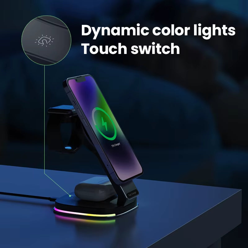 New Arrival 2025 Product 15W Magnetic Phone Holder Foldable 3 In1 Wireless Charging Bracket Touch Switch Dynamic RGB Night Light