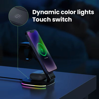 New Arrival 2025 Product 15W Magnetic Phone Holder Foldable 3 In1 Wireless Charging Bracket Touch Switch Dynamic RGB Night Light