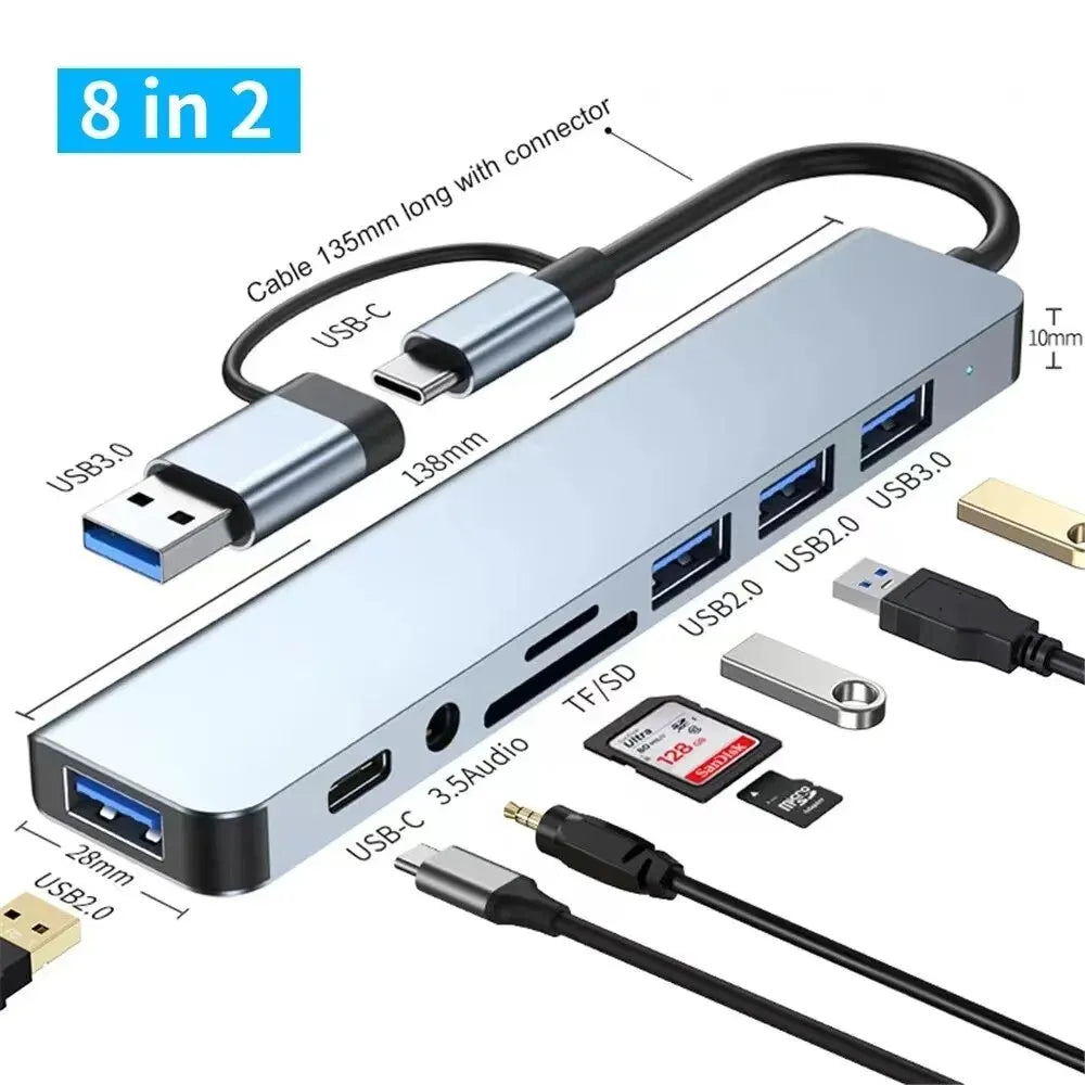 8 in 2 USB HUB with Splitter Card Reader, USB C Port, USB 3.0 / 2.0, SD/TF Splitter Card Reader, Docking Station