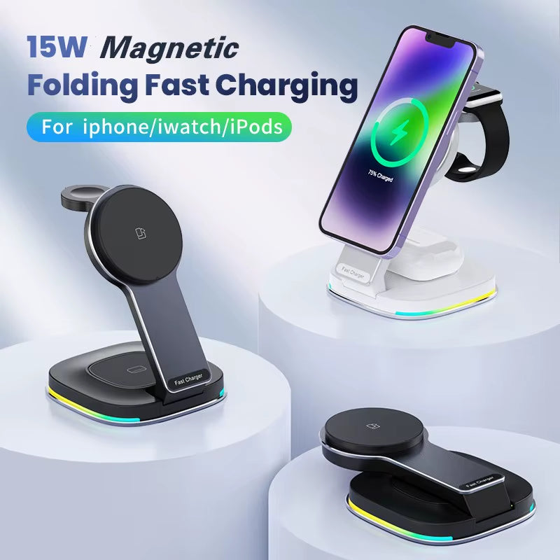 New Arrival 2025 Product 15W Magnetic Phone Holder Foldable 3 In1 Wireless Charging Bracket Touch Switch Dynamic RGB Night Light